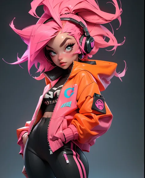 ((Best quality)), ((masterpiece)), ((realistic)) and ultra-detailed photography of a 1nerdy girl with neon headphones. She has ((pink hair)), is wearing an orange techwear jacket, and exudes a ((beautiful and aesthetic)) vibe.