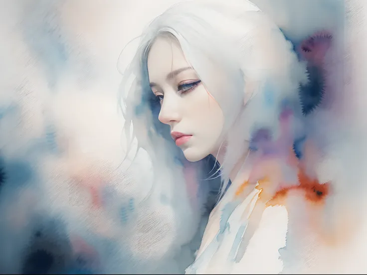 dreamy watercolor,　Full body like、 ((Woman in her 30s with cold eyes Japan : 1.7))、((Cold eyes with single eyelids、Staring into the distance)),  lazy look、white  hair, dynamic compositions、solitude、Simple clothes、Backgrounds with depth are abstract、Foggy s...