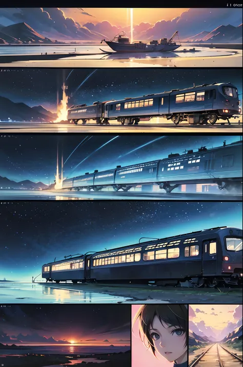 comic strip，Cartoon Split，Storyboard，Masterpiece, Anime train passing through bodies of water on tracks, Bright starry sky. Romantic train, Makoto Shinkais picture, Pisif, concept-art, Lofi art style, Reflection. By Makoto Shinkai, Lofi art, beautiful anim...