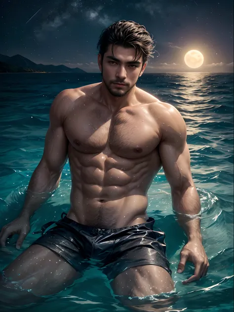 a man, in a sea, with half his body submerged in the water, behind a starry sky with a moon in the center