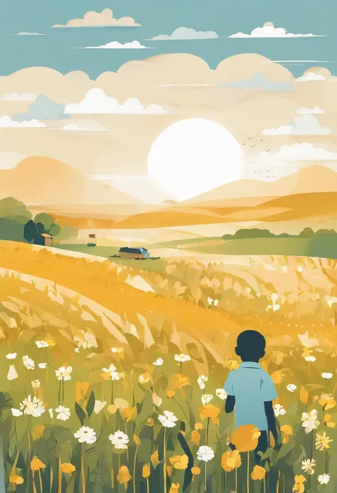 (zh-CN) farm land, Morning dew, Sun-roasted wheat field, Dandelions in bloom leisurely, (1 boy), A big smiling face in the bright sun, Wear light cotton clothing, Blue shirt, Kind and natural.