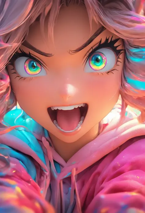 Top quality, 3D.Masterpiece, high resolution, 8K, Hoodie and anime style girl, One girl, detailed line art,  Digital enhancement, Close up, Anime core, Flowing fabric，Grimacing