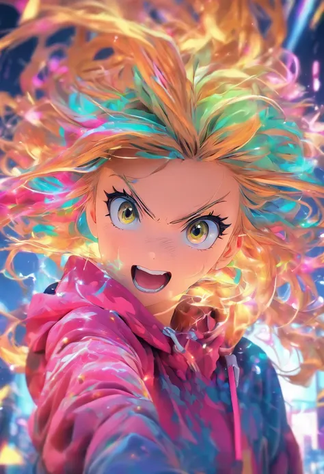 Top quality, 3D.Masterpiece, high resolution, 8K, Hoodie and anime style girl, One girl, detailed line art,  Digital enhancement, Close up, Anime core, Flowing fabric，Grimacing