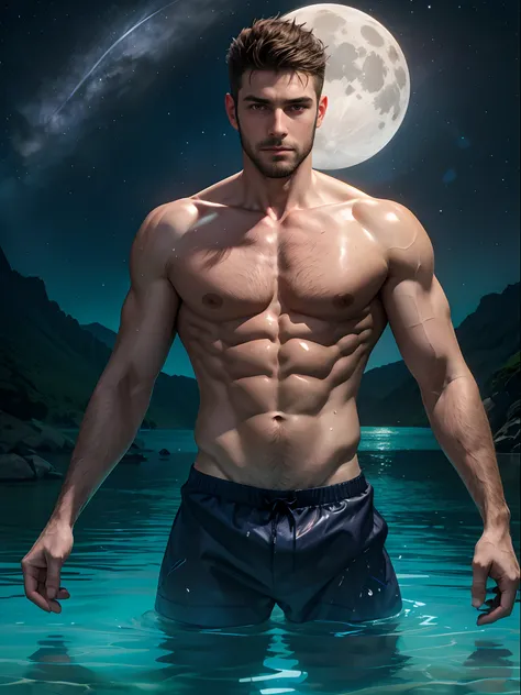 a man, in a sea, with half his body submerged in the water, behind a starry sky with a moon in the center