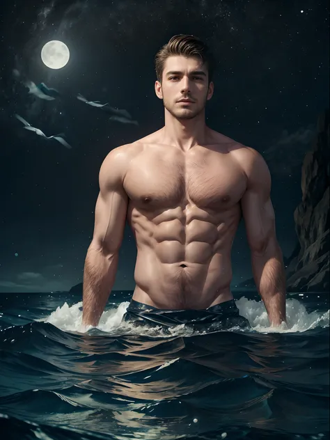 a man, in a sea, with half his body submerged in the water, behind a starry sky with a moon in the center