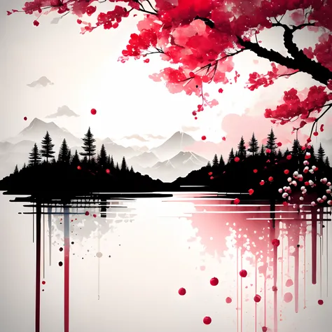 (white background: 1.3), scenery, trees, cherry rain, cherries fall from the sky like rain drops,clouds, cherry fall, many cherries, ink