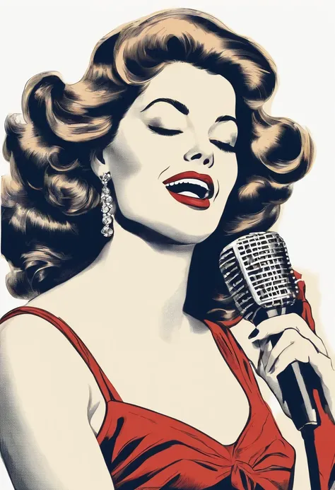 A portrait of a beautiful young woman singing karaoke, vintage illustration, chromolithograph, 80s style, white background.