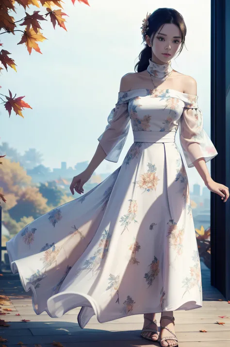 ((Masterpiece, best quality,edgQuality)), smug,smirk, edgADC_fashion, long dress, autumn leaves print,sandals,off shoulder turtleneck ,wearing edgADC