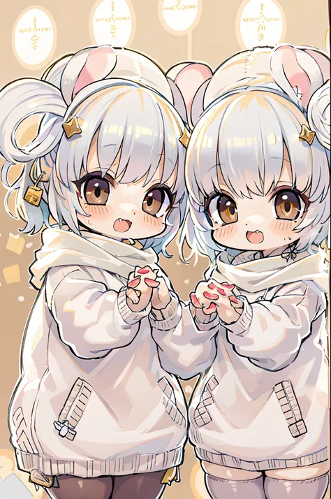 twins, Mouse Girls, short fluffy white hair, Big round mouse ears, White sweater, Holding hands, ((dark brown eyes)), a couple, Beautiful, Glossy lips, Detailed eyes,Chibi