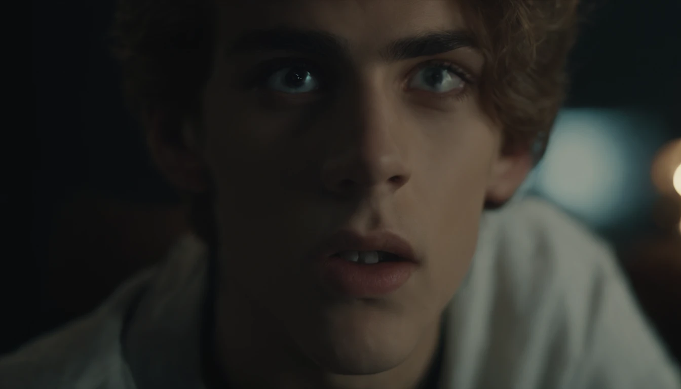 a young man approximately 16 years of age, with the appearance of demonic possession, with the pupil to himself, and the iris of the White eyes, cinematic. 8k, realistic