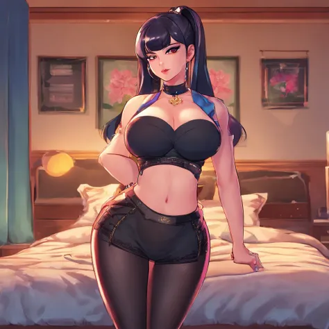 stockings, black hair with blue highlights, high ponytail with side bangs, seductive expression, black lipstick, heavy mascara, extremely thick eyeliners, (full body, detailed face), HD, huge breasts, detailed cleavage, looking at the viewer, standing, bed...