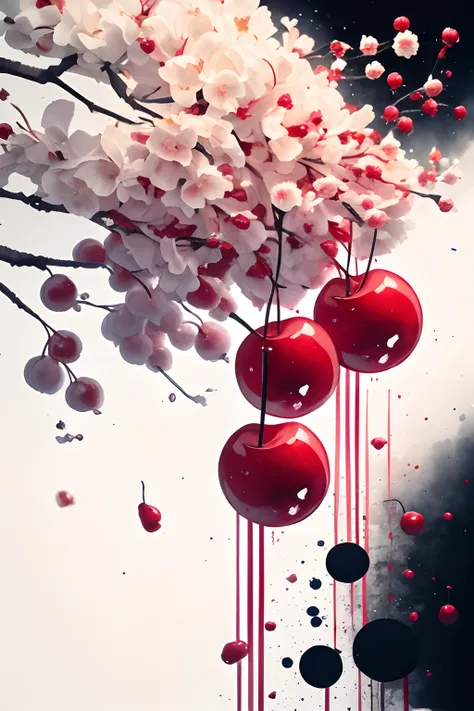 (white background: 1.3), scenery, cherry rain, cherries falling like rain drops, cherry fall, many cherries, ink