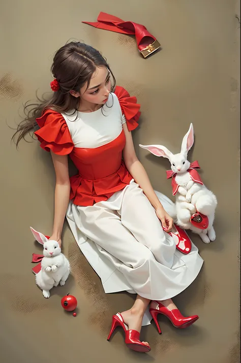 From directly above.A  girl. morena. red pupils. Shoes with heels on the feet. red dress. He holds a white rabbit in his hands.