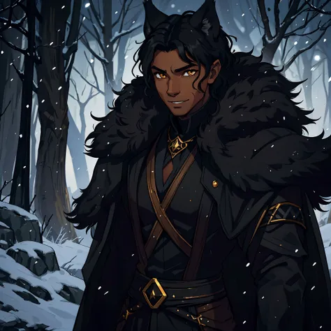 A beautiful black man with short wavy hair, a confident gaze, Black beauty, golden eyes, lynx ears, and a confident smile, dressed in dark and black attire like an assassin, a fantasy character, an RPG character. Warm lighting, snowflakes falling, he is in...