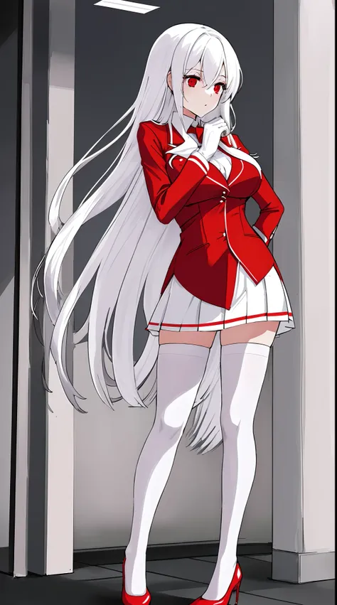 1woman, long white haired, slim build, red eyes, office attire, red blouse, white skirt, white stockings, red high heels, Red Blazer, masterpiece, nice hands, perfect hands