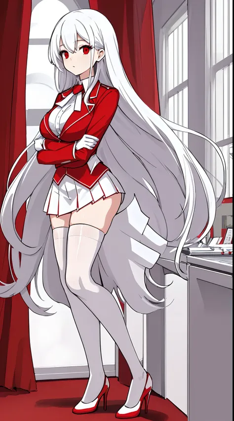 1woman, long white haired, slim build, red eyes, office attire, red blouse, white skirt, white stockings, red high heels, Red Blazer, masterpiece, nice hands, perfect hands