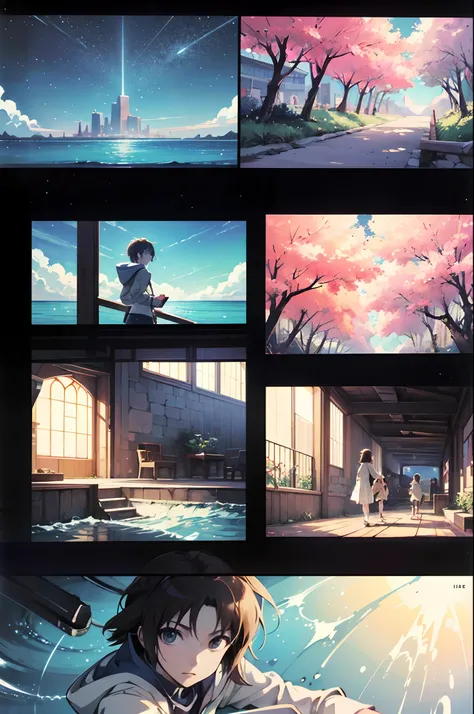 comic strip，Cartoon Split，Storyboard，Masterpiece, Anime magicians walk through large swathes of seawater, Bright starry sky. Romantic cherry blossoms, Makoto Shinkais picture, Pisif, concept-art, Lofi art style, Reflection. By Makoto Shinkai, Lofi art, bea...