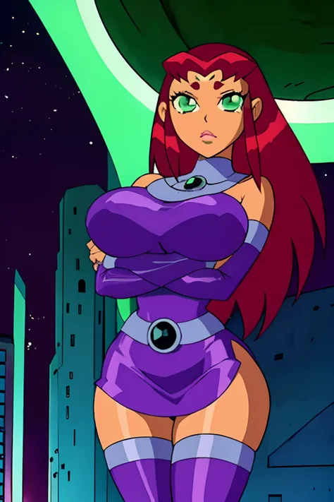 Teen titans, Starfire, anime, masterpiece, 1girl, ((bimbo))), sad face, green eyes, long red hair, puffy lips, painted lips, thick lips, wide hips, thick thigh, big breast, huge ass, shiny skin, purple skirt, purple top, crossed arms,