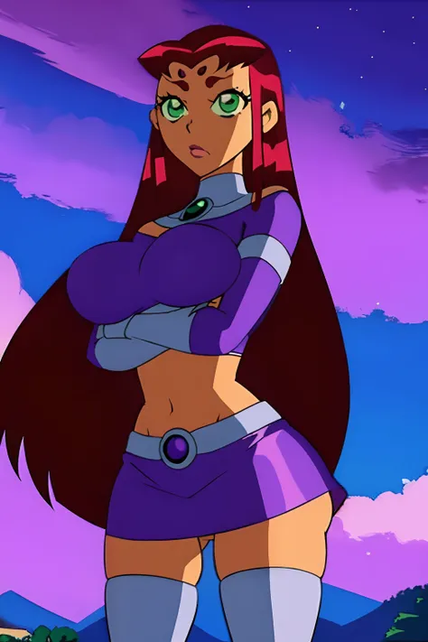 Teen titans, Starfire, anime, masterpiece, 1girl, ((bimbo))), sad face, green eyes, long red hair, puffy lips, painted lips, thick lips, wide hips, thick thigh, big breast, huge ass, shiny skin, purple skirt, purple top, crossed arms,