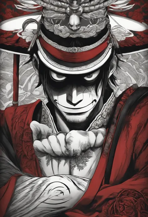 "(monkey D. Luffy samurai preto+vermelho+Branco), incredible details, pose feroz, Traditional Japanese background, epic illustration, Flawless image quality"