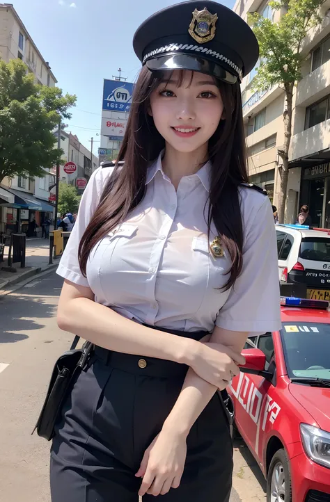 (Best quality, 8k, 32k, Masterpiece, UHD:1.2), Pretty Japanese girl, (huge breasts), black long hair, bangs, (smile), (police uniform:1.3), thin waist, (city street), police, police car,