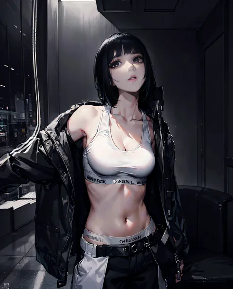 woman in a white top and black pants posing for a picture, black hair with bangs, black hair, medium hair, blunt bangs, beautiful face, detailed face, good eyes, good hands, (((perfect anatomy))), mature, mature female, anime girl, anime, detailed backgrou...