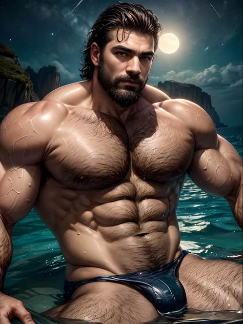 masterpiece, best quality, high resolution, closeup portrait, male focus, solo focus, muscular, burly, hairy, male, a man, in a sea, with half his body submerged in the water, behind a starry sky with a moon in the center, amazing composition, front view, ...