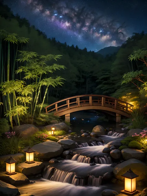 Japanese garden, small bridge and flowing water, night starry sky, summer night sky, fireflies, bamboo forest, extreme details, realistic light, epic composition, (complex details), (complex design, ultra-detail: 1.2), art station, (Masterpiece, Best Quali...