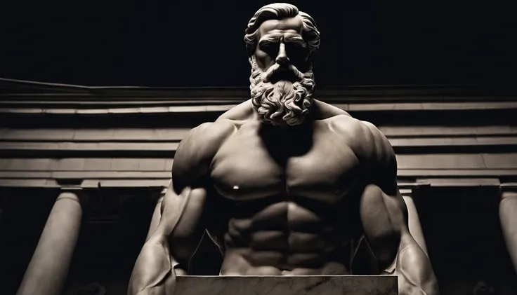 A white marble statue of a muscle, Bearded man with a stern look in a dark square at night, in the style of photographers Annie Leibovitz and Peter Lindbergh.