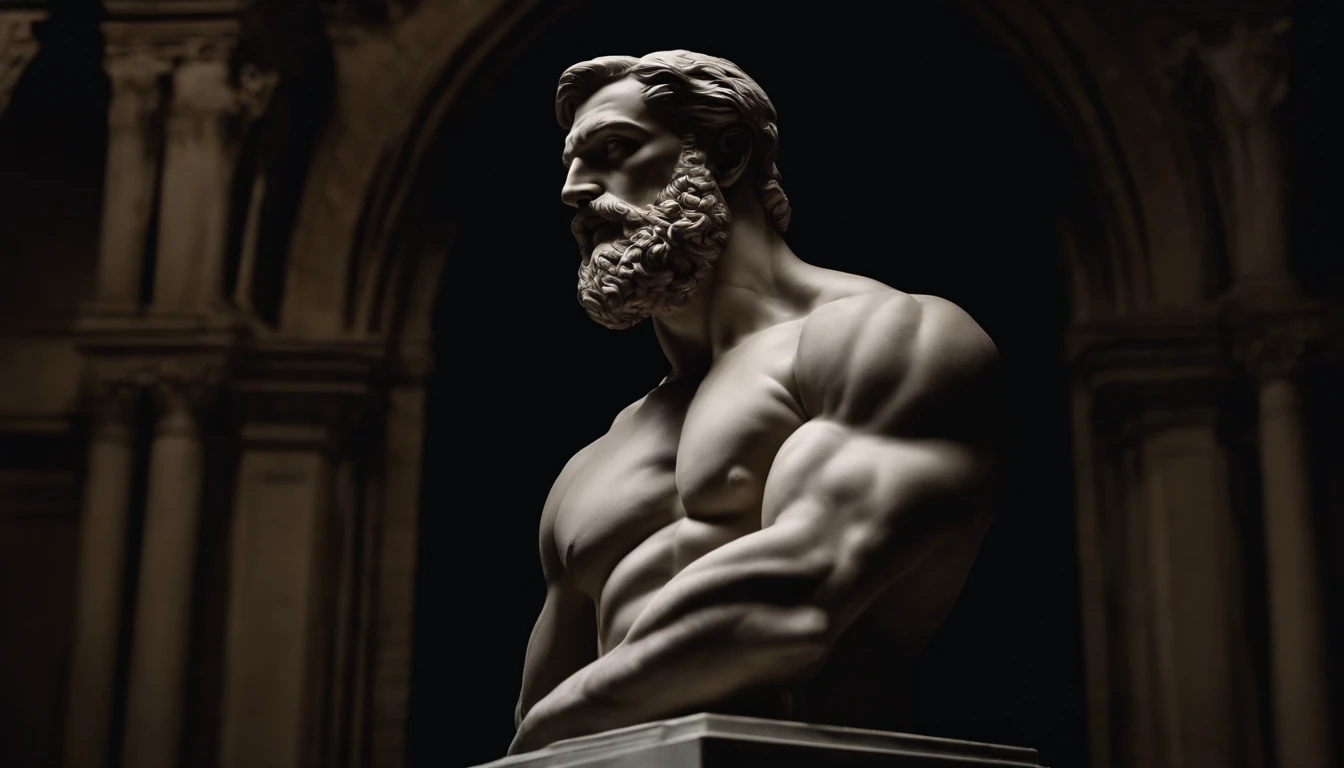 A white marble statue of a muscle, Bearded man with a stern look in a dark square at night, in the style of photographers Annie Leibovitz and Peter Lindbergh.