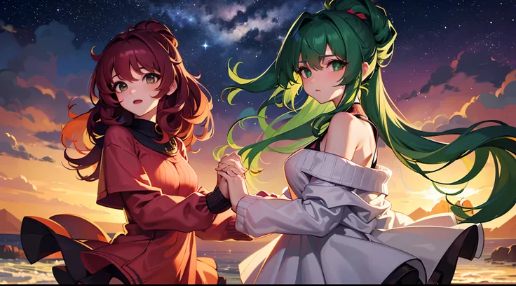 masterpiece, lots of detail, 4k, 8k, ((ultra-detailed)), highres, soft lighting, 2girls, sweater, outside, night, stargazing, stars, holding hands, {red hair|green hair|black hair|blue hair}, {ponytail|short hair|long hair|curly hair}