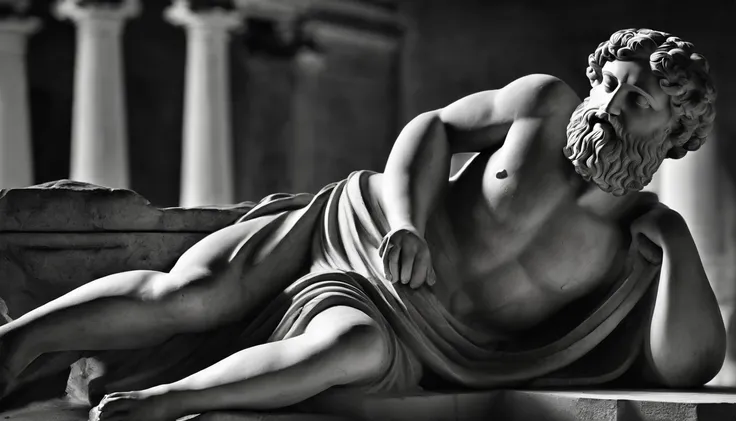 an ancient greek statue, forte e musculoso, Imagem em preto e branco.