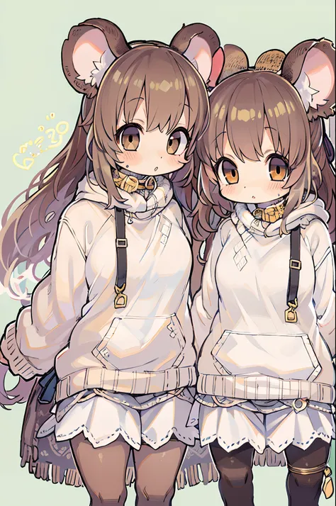 twins, Mouse Girls, short fluffy white hair, Big round mouse ears, White sweater, Holding hands, ((dark brown eyes)), a couple, Beautiful, Glossy lips, Detailed eyes,Chibi