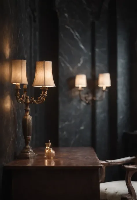 ghotic, marble black walls, Beautiful interior, lamps, bokeh, The Gloomy Room