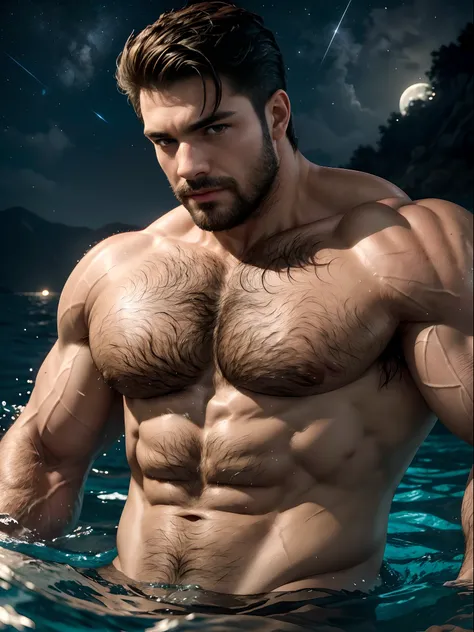 masterpiece, best quality, high resolution, closeup portrait, male focus, solo focus, muscular, burly, hairy, male, a man, in a sea, with half his body submerged in the water, behind a starry sky with a moon in the center, amazing composition, front view, ...