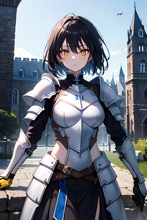 1girl, blue and white armor, black hair, tanskin, yellow eyes, castle,