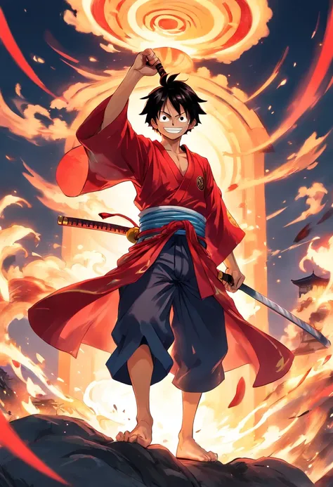 "(Luffy samurai preto+vermelho+Branco), incredible details, pose feroz, Traditional Japanese background, epic illustration, Flawless image quality"