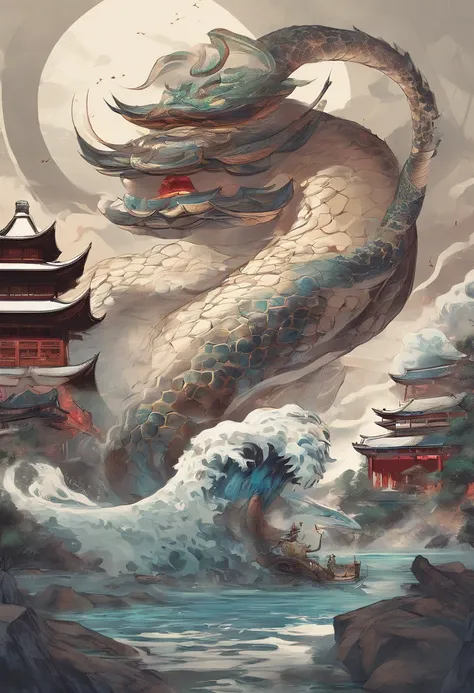 Xuanwu（The body of a turtle，The head of the Chinese dragon，The long tail of the snake），tosen，Huge waves，China-style，oc rendered，super-fine，high qulity，8K high resolution，ultra - detailed