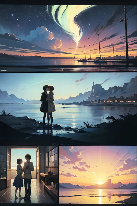 comic strip，Cartoon Split，Exceptional，Storyboard，Masterpiece, Anime college student standing by the sea, Bright starry sky. romantic couple, Makoto Shinkais picture, Pisif, concept-art, Lofi art style, Reflection. By Makoto Shinkai, Lofi art, beautiful ani...