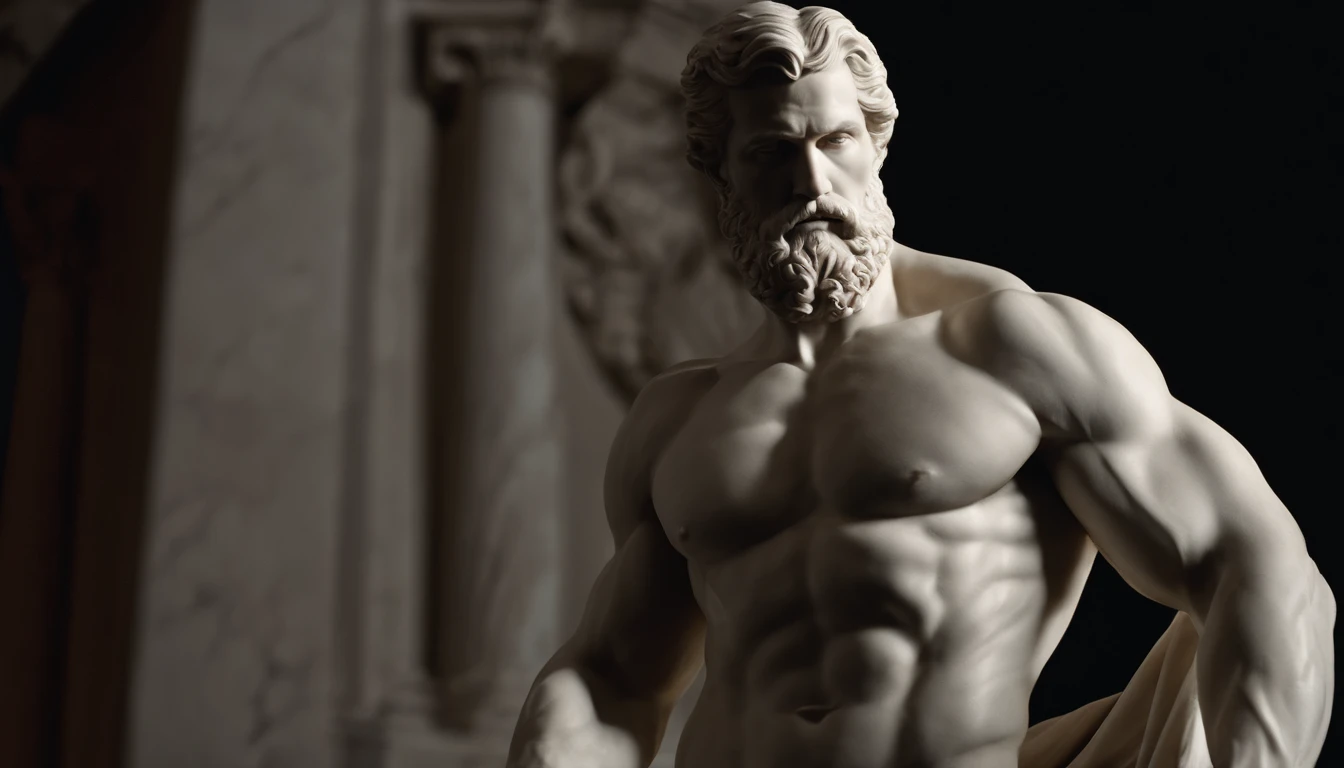 A white marble statue of a muscle, Bearded man with a stern look in a dark square at night, in the style of photographers Annie Leibovitz and Peter Lindbergh.