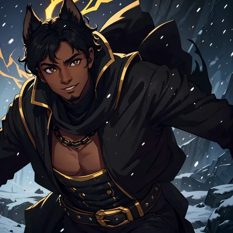 Close up in a beautiful young black man with short wavy hair, a confident gaze, Black beauty, golden eyes, lynx ears, and a confident smile, dressed in dark and black attire like an assassin, a fantasy character, an RPG character. Warm lighting, snowflakes...