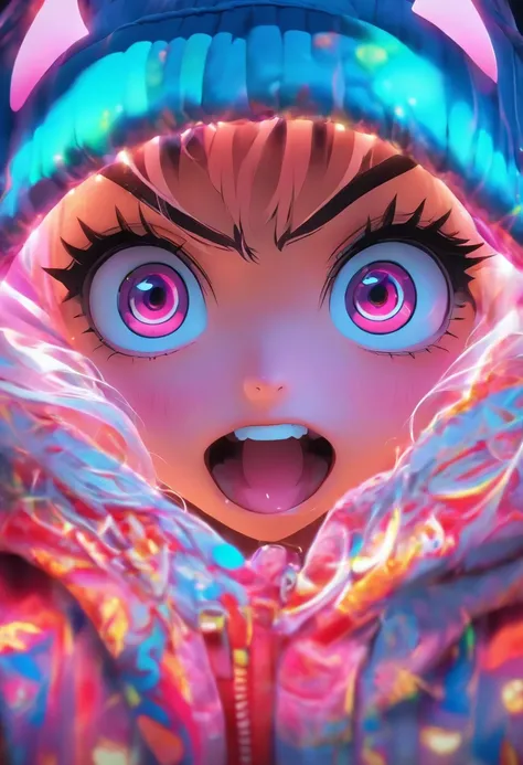 Top quality.。.。.。.3D.Masterpiece, high resolution, 8K, Hoodie and anime style girl, One girl, detailed line art,  Digital enhancement, Close up, Anime core, Flowing fabric，Grimacing，Big eyes cute