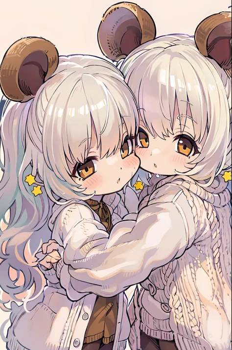 twins, Mouse Girls, short fluffy white hair, Big round mouse ears, White sweater, Holding hands, ((dark brown eyes)), a couple, Beautiful, Glossy lips, Detailed eyes,Chibi