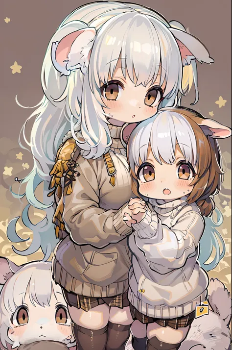 twins, Mouse Girls, short fluffy white hair, Big round mouse ears, White sweater, Holding hands, ((dark brown eyes)), a couple, Beautiful, Glossy lips, Detailed eyes,Chibi