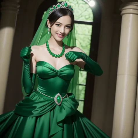 emerald tiara, Green Pearl Necklace, Boyish very short green hair, lipsticks, Japan woman smiling, very short short hair, fist, big breasts beautiful, Green eyes, Long green gloves made of satin material, Green eyes, Emerald Earrings