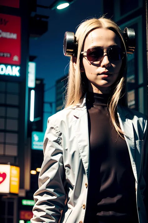 madaraki_fran, street, lab coat, cyberpunk, neon, night, cyberpunk sunglassess