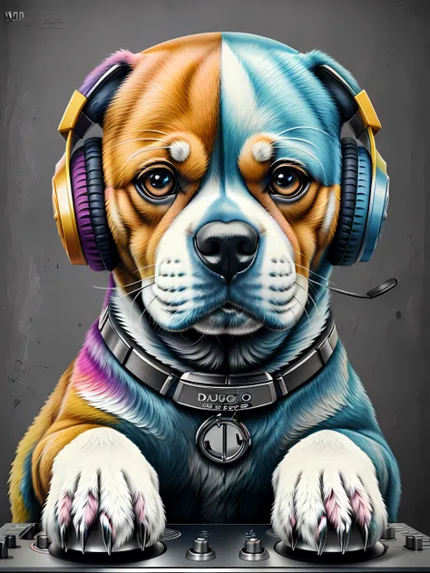 um cachorro  Beagle, pintura estilo 3D aquarela, DJ dog listening to music, DJ Beagle Dog, imagem completa, High resolution high contrast (fotorrealista:1.5), (Foto RAW, 8k UHD,