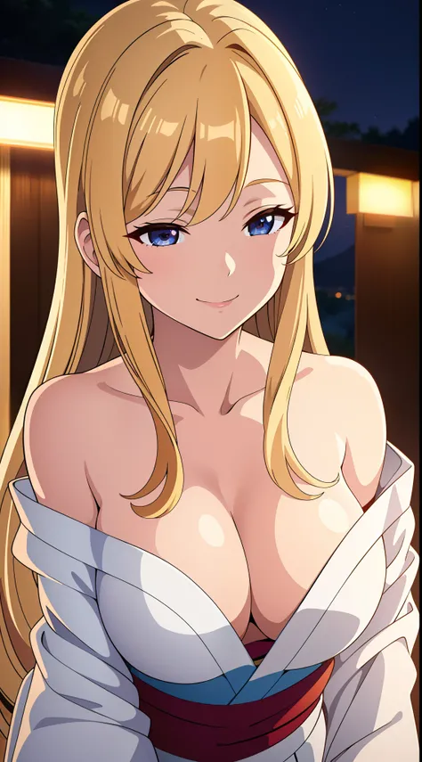 (best quality:1.5, highres, UHD, 4K, detailed lighting, shaders), blonde long hair, large breasts, off shoulder yukata, cleavage, (pov, close shot), smiling, night background