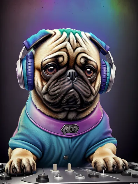 um cachorro Pug, pintura estilo 3D aquarela, DJ dog listening to music, DJ Pug Dog, imagem completa, High resolution high contrast (fotorrealista:1.5), (Foto RAW, 8k UHD,