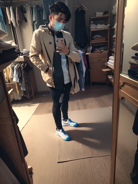 Boy ,Mirror selfie , same outfit , background change, wear Nike shoes , remove price tag , wearing face mask